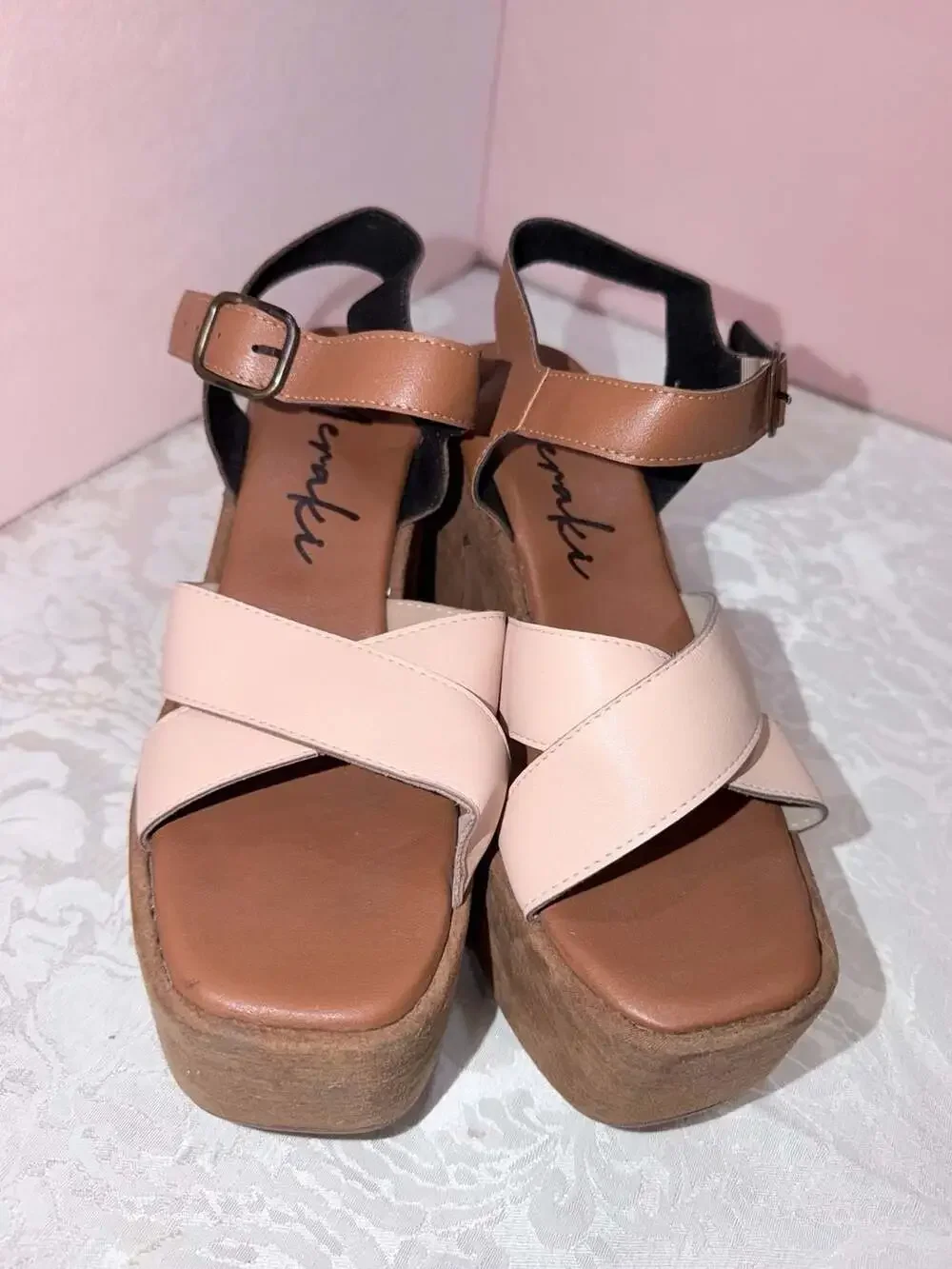 Meraki Platform Block Heel Sandals with Crisscross Straps Size 40